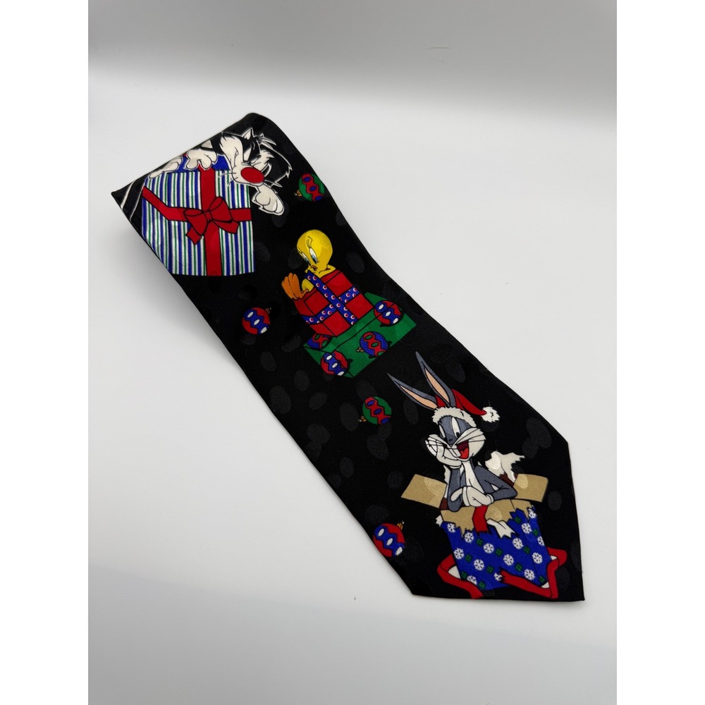 Looney Tunes Necktie OS Christmas Bugs Bunny Tweety Taz Silk Vintage 90s Holiday